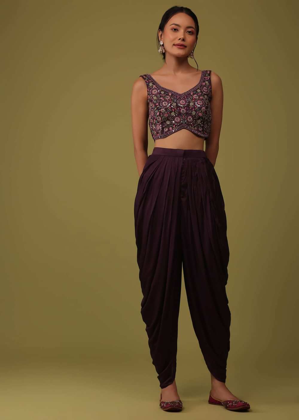 Wine Purple Embroidered Crop Top And Jacket Set In Satin With Dhoti