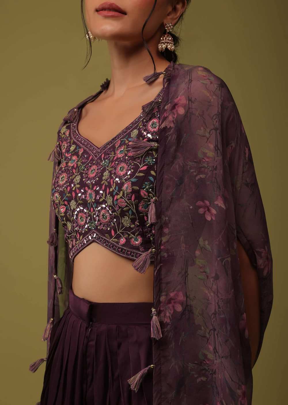 Wine Purple Embroidered Crop Top And Jacket Set In Satin With Dhoti