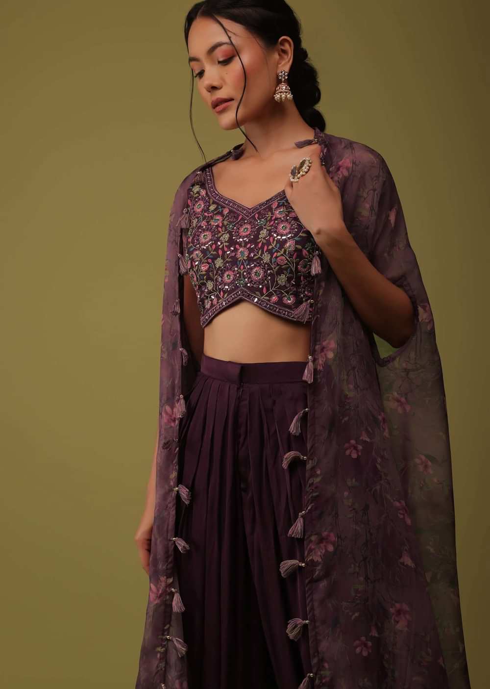 Wine Purple Embroidered Crop Top And Jacket Set In Satin With Dhoti