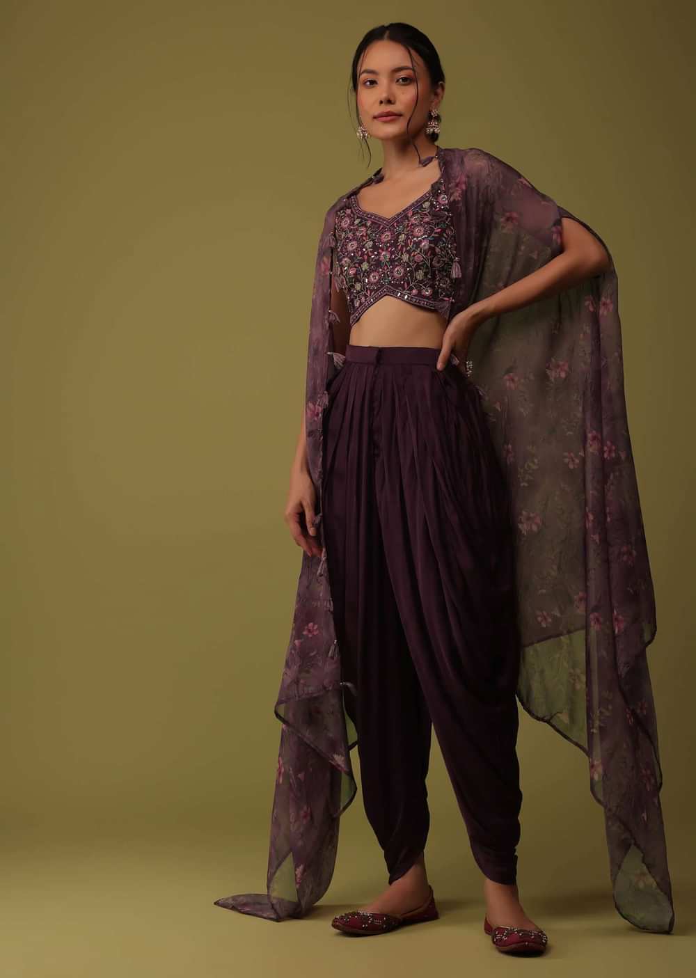 Wine Purple Embroidered Crop Top And Jacket Set In Satin With Dhoti