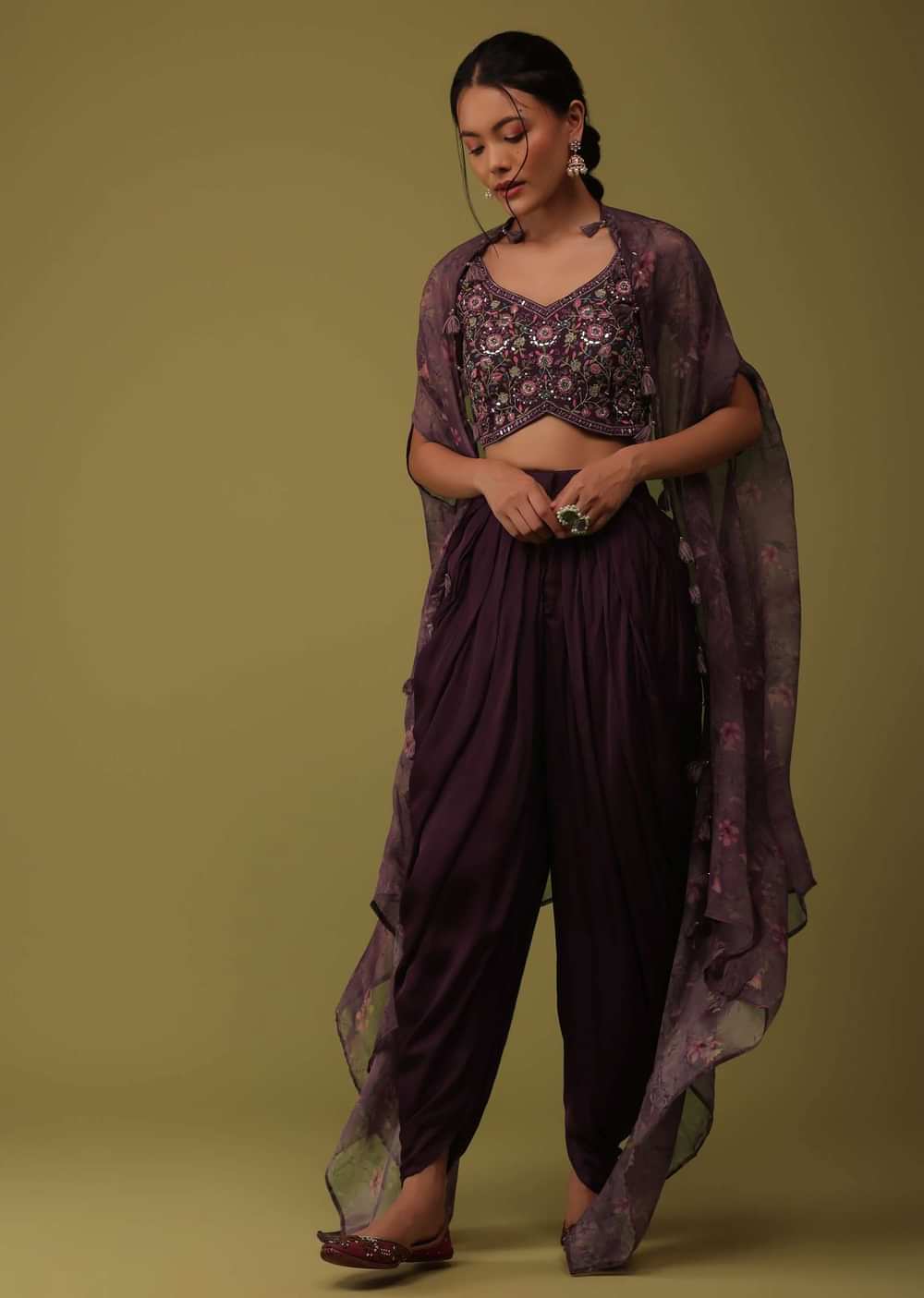 Wine Purple Embroidered Crop Top And Jacket Set In Satin With Dhoti