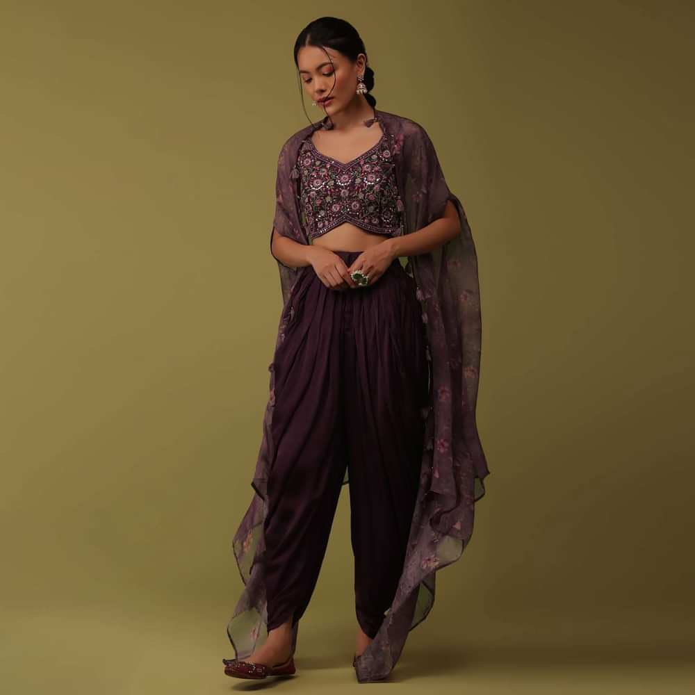Wine Purple Embroidered Crop Top And Jacket Set In Satin With Dhoti