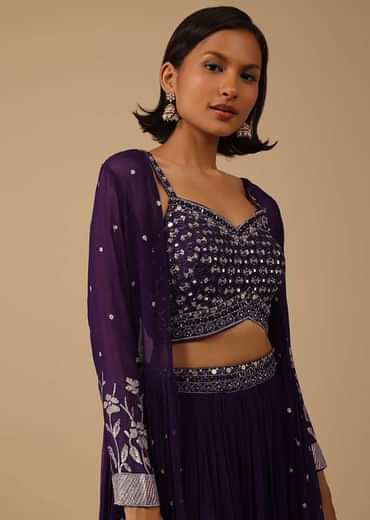 Wine Purple Palazzo Suit In Georgette With Mirror And Sequins Embroidery