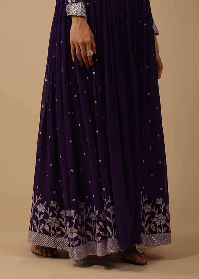 Wine Purple Palazzo Suit In Georgette With Mirror And Sequins Embroidery