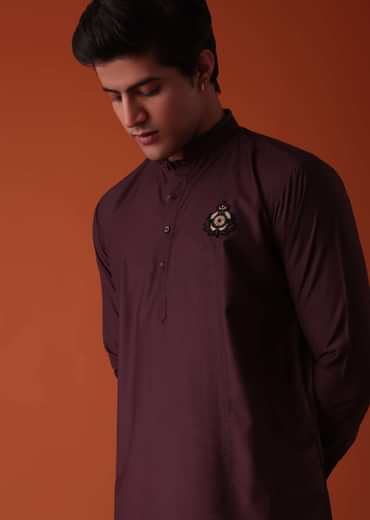 Wine Purple Pathani Kurta Set In Terry Rayon With Threadwork