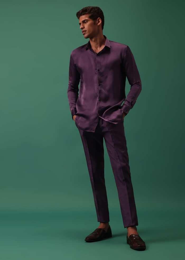 Wine Purple Pleated Tuxedo Set In Shimmer