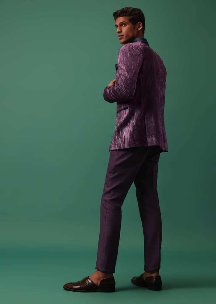 Wine Purple Pleated Tuxedo Set In Shimmer