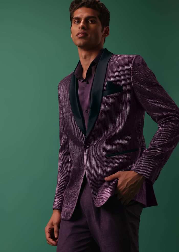 Wine Purple Pleated Tuxedo Set In Shimmer