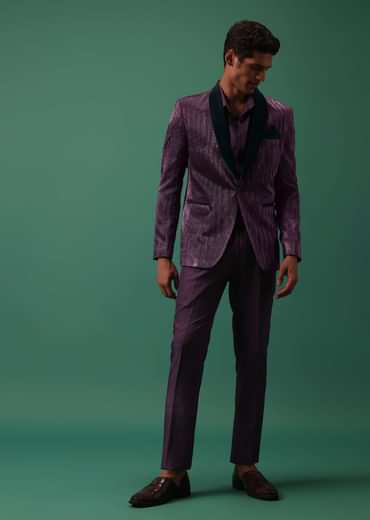 Wine Purple Pleated Tuxedo Set In Shimmer