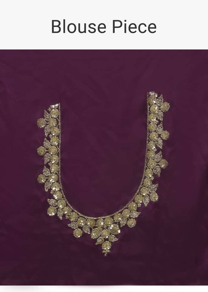 Wine Purple Saree In Satin With Hand Embroidered Scalloped Border And Floral Buttis Along With Unstitched Blouse