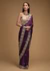 Wine Purple Saree In Satin With Hand Embroidered Scalloped Border And Floral Buttis Along With Unstitched Blouse
