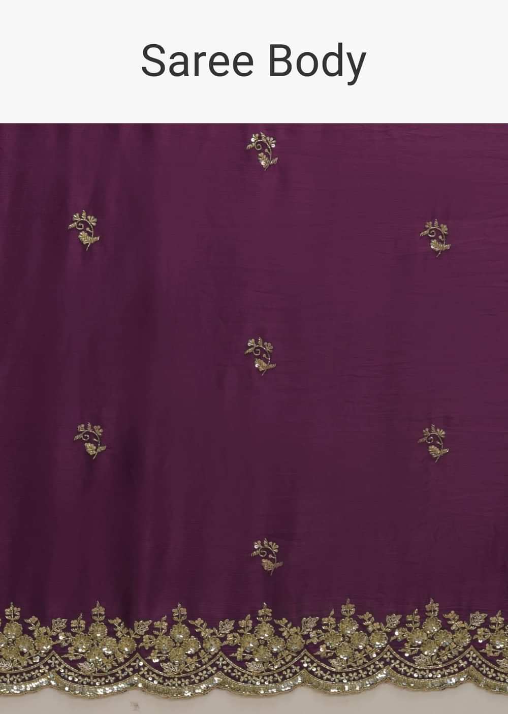 Wine Purple Saree In Satin With Hand Embroidered Scalloped Border And Floral Buttis Along With Unstitched Blouse