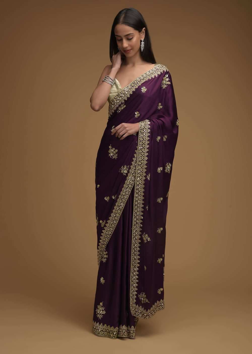 Wine Purple Saree In Satin With Hand Embroidered Floral Buttis Using Cut Dana And Sequins Work