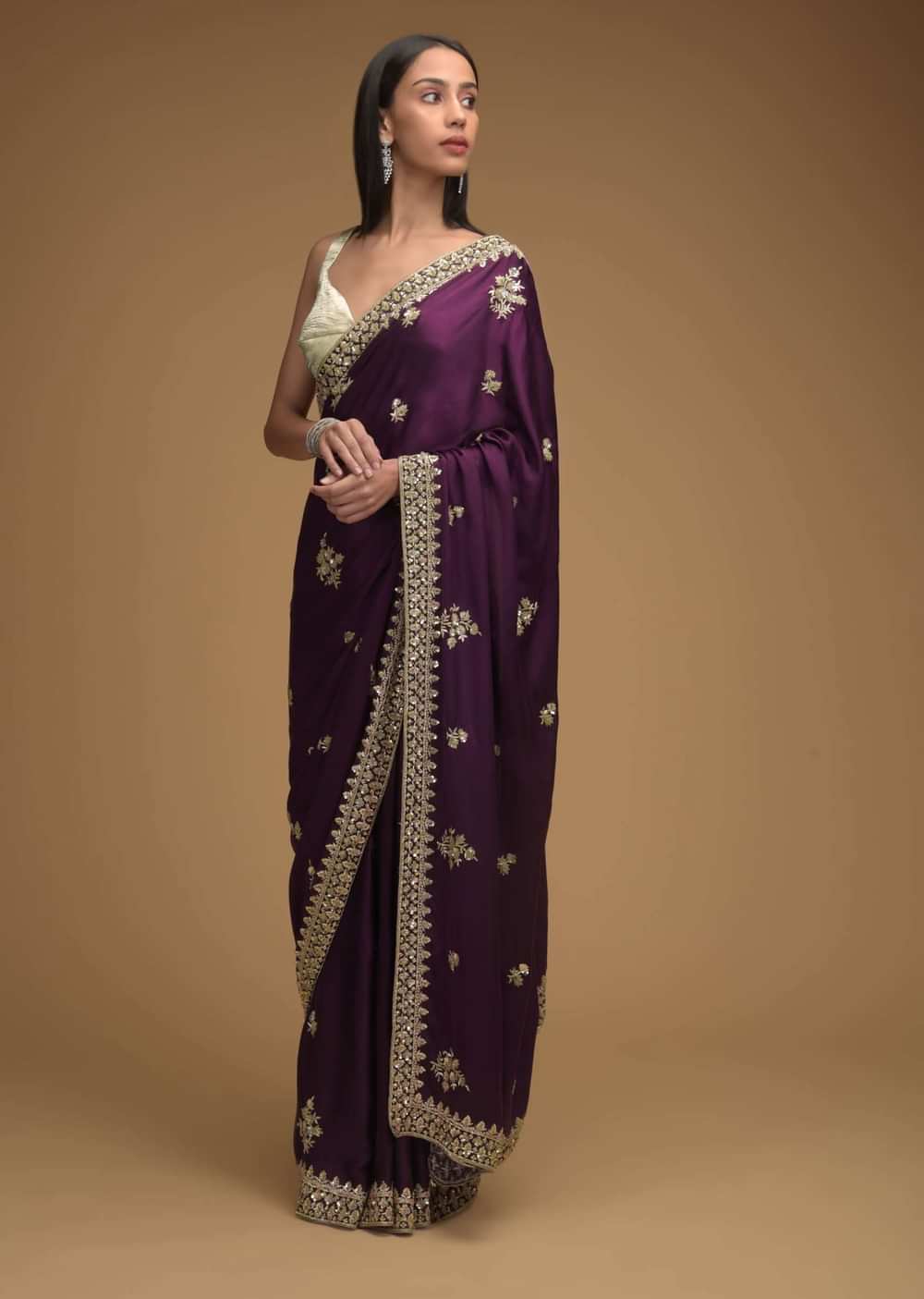 Wine Purple Saree In Satin With Hand Embroidered Floral Buttis Using Cut Dana And Sequins Work