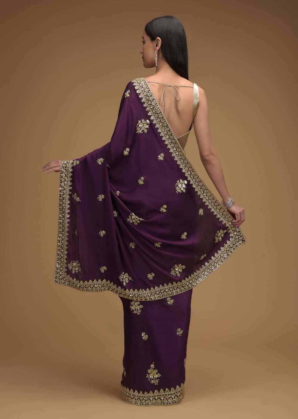 Wine Purple Saree In Satin With Hand Embroidered Floral Buttis Using Cut Dana And Sequins Work