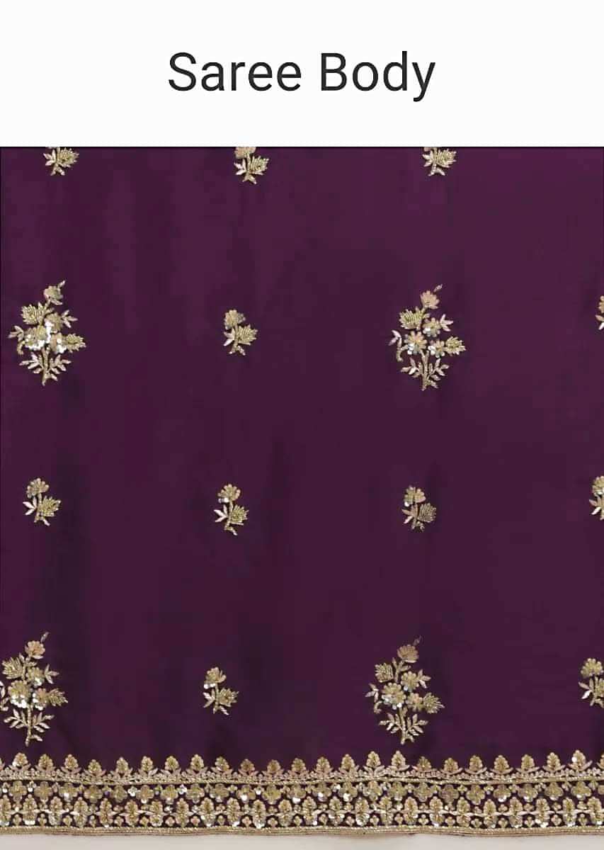 Wine Purple Saree In Satin With Hand Embroidered Floral Buttis Using Cut Dana And Sequins Work