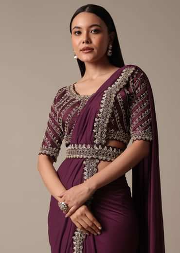 Wine Ready Pleated Saree With Embellished Blouse