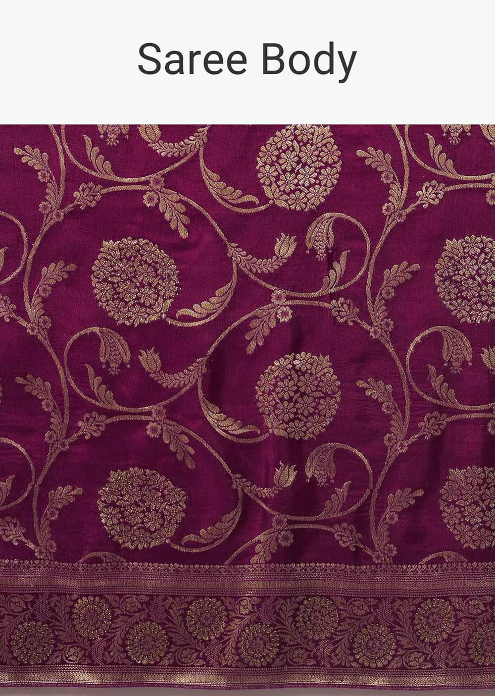 Wine Saree With Floral Jaal Weave In Satin Organza