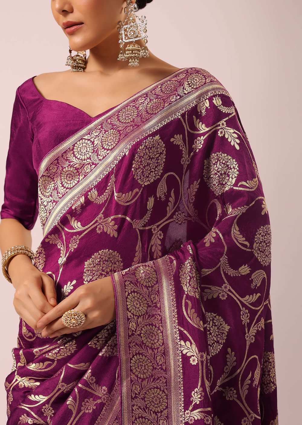 Wine Saree With Floral Jaal Weave In Satin Organza