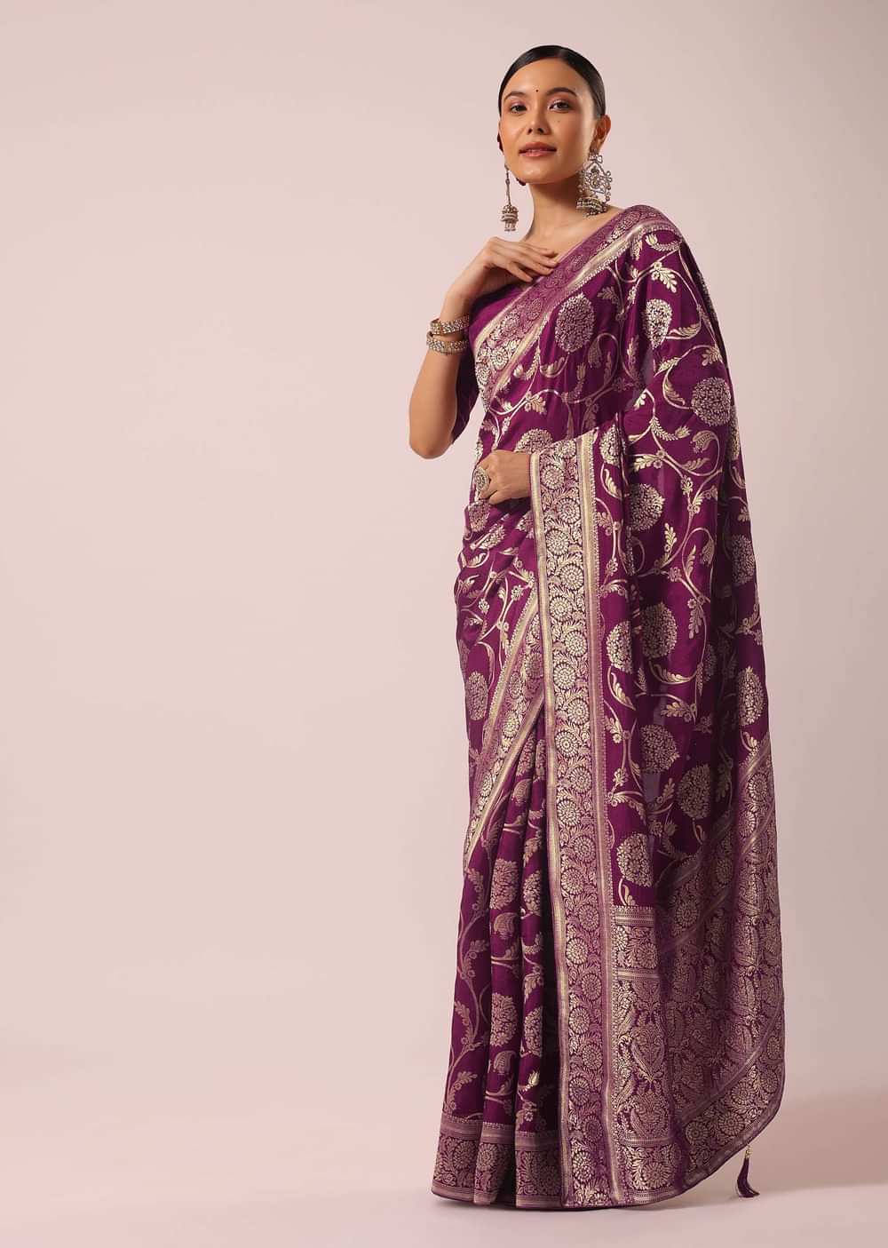 Wine Saree With Floral Jaal Weave In Satin Organza