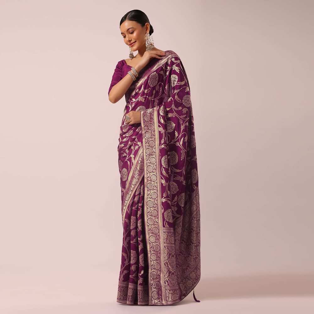 Wine Saree With Floral Jaal Weave In Satin Organza