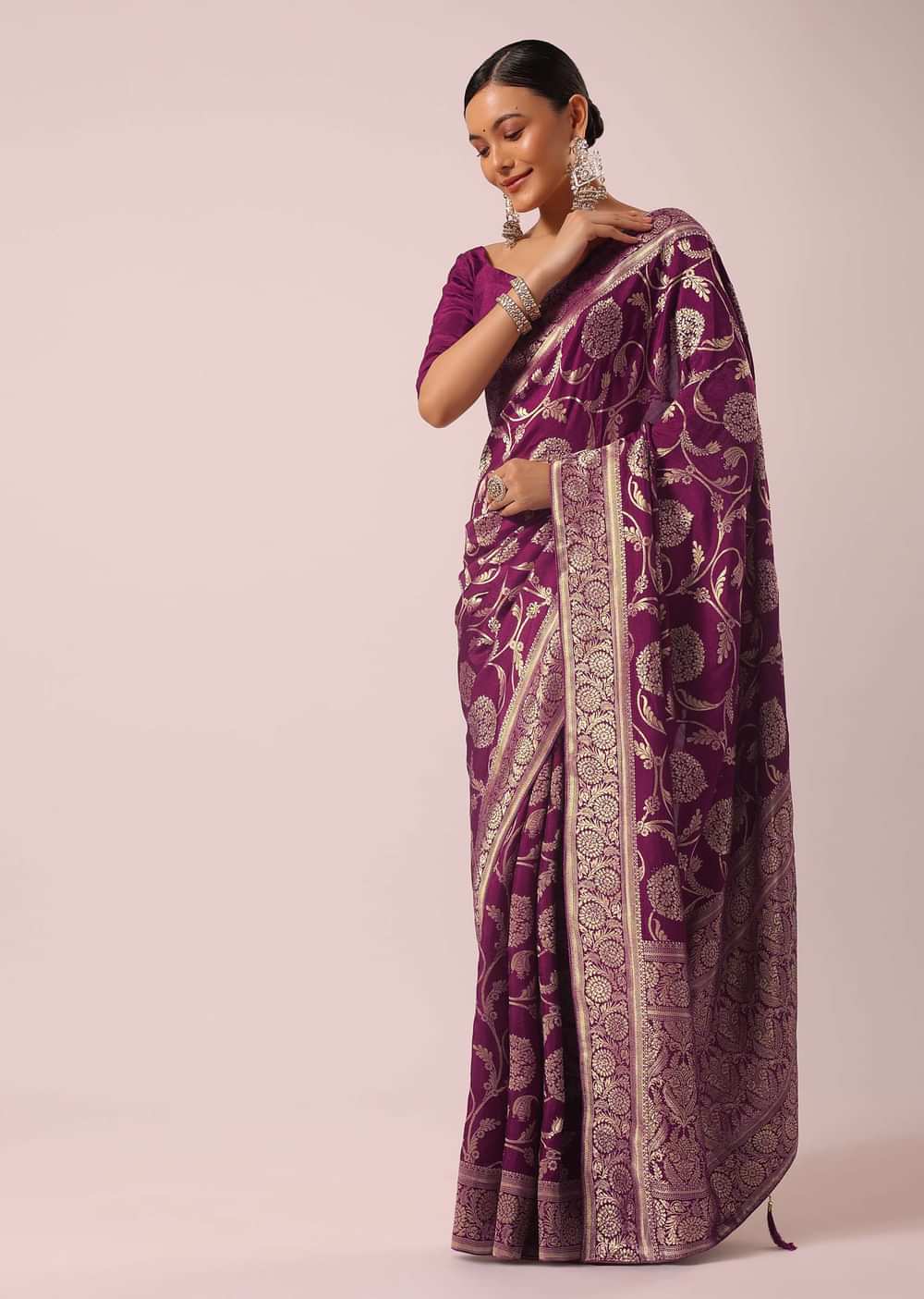 Wine Saree With Floral Jaal Weave In Satin Organza