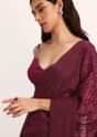 Wine Saree With Thread And Stone Embroidery And Unstitched Blouse