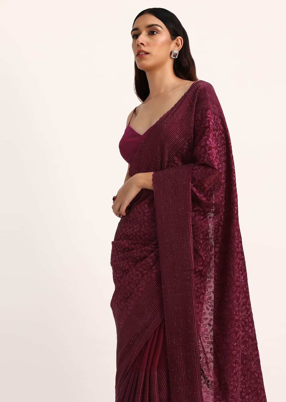 Wine Saree With Thread And Stone Embroidery And Unstitched Blouse