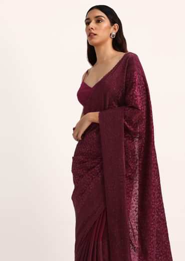 Wine Saree With Thread And Stone Embroidery And Unstitched Blouse
