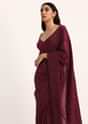 Wine Saree With Thread And Stone Embroidery And Unstitched Blouse