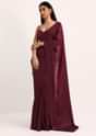 Wine Saree With Thread And Stone Embroidery And Unstitched Blouse