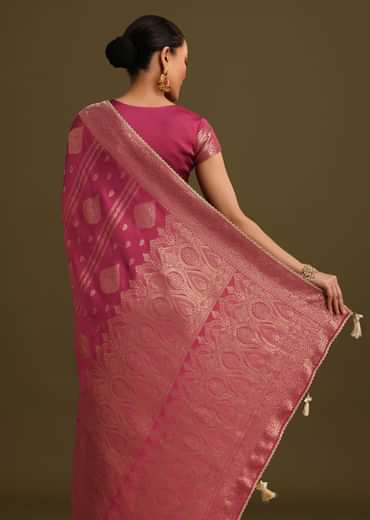 Wine Satin Brocade Zari Weave Saree
