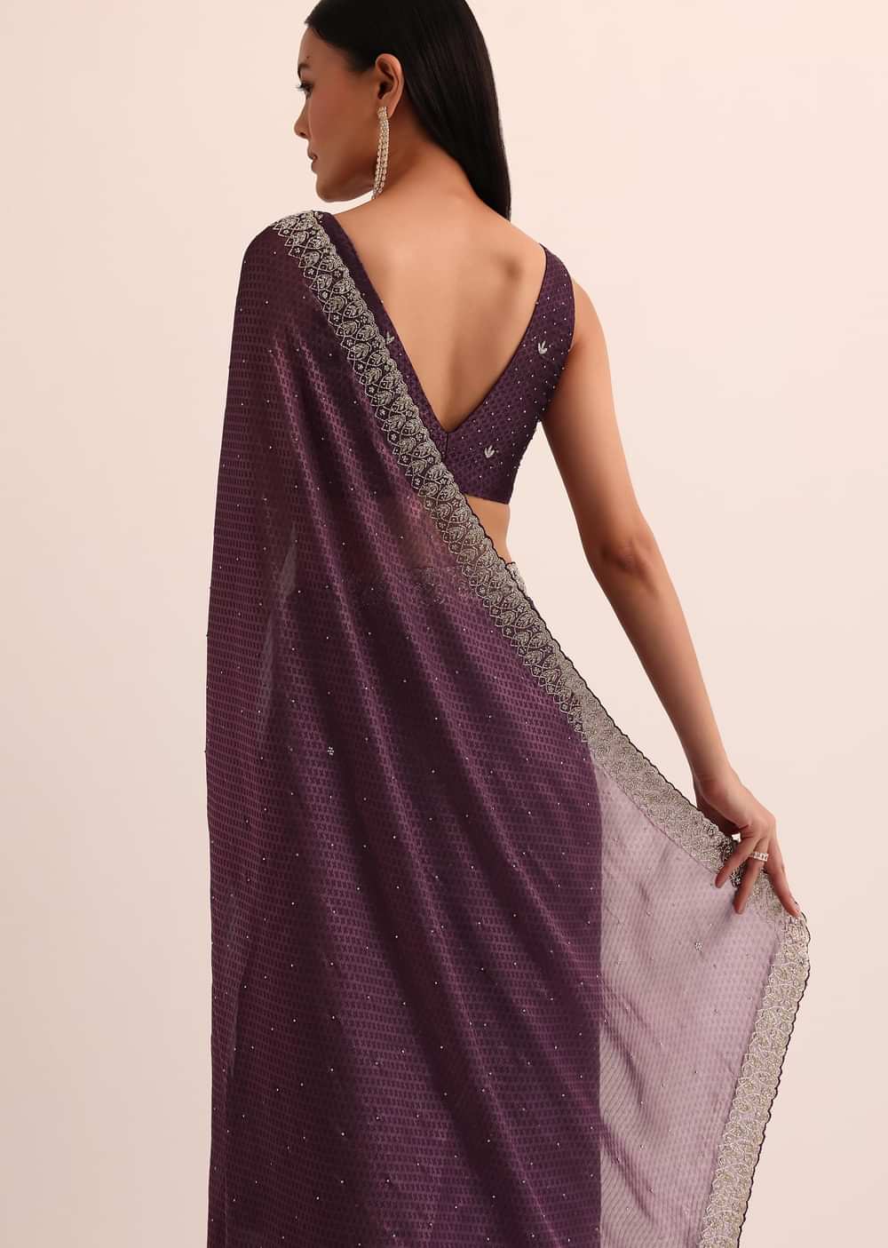 Wine Satin Jacquard Saree With Cut Dana Work And Unstitched Blouse