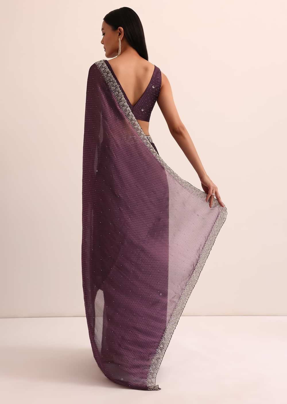 Wine Satin Jacquard Saree With Cut Dana Work And Unstitched Blouse