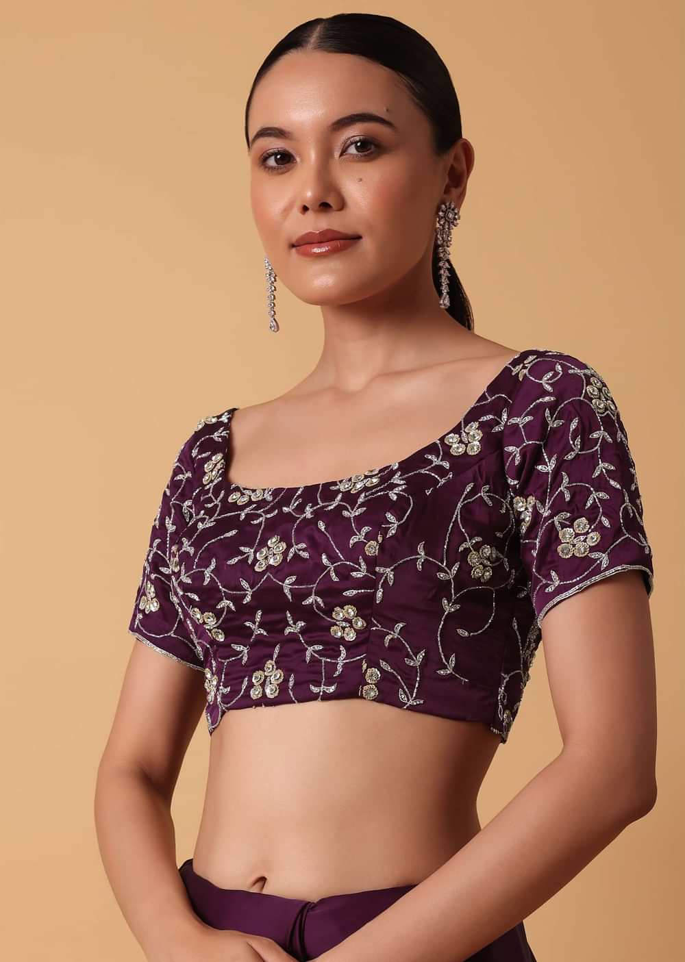 Wine Satin Saree With Sequin Detail And Unstitched Blouse Piece