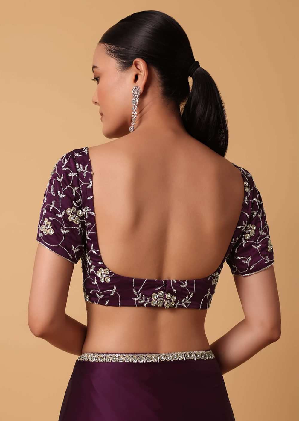 Wine Satin Saree With Sequin Detail And Unstitched Blouse Piece