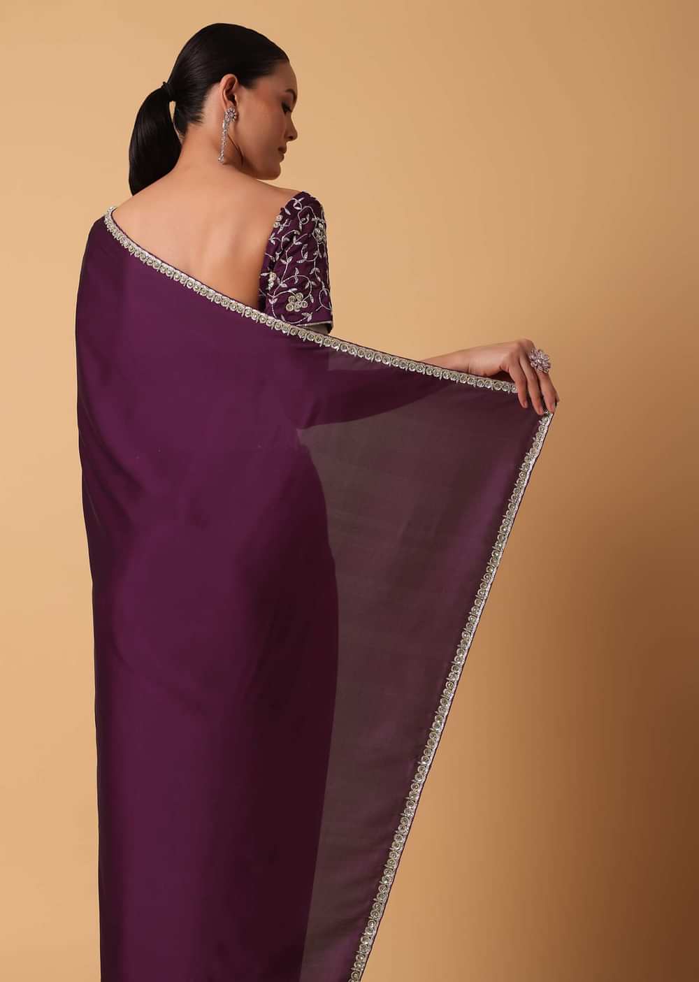 Wine Satin Saree With Sequin Detail And Unstitched Blouse Piece