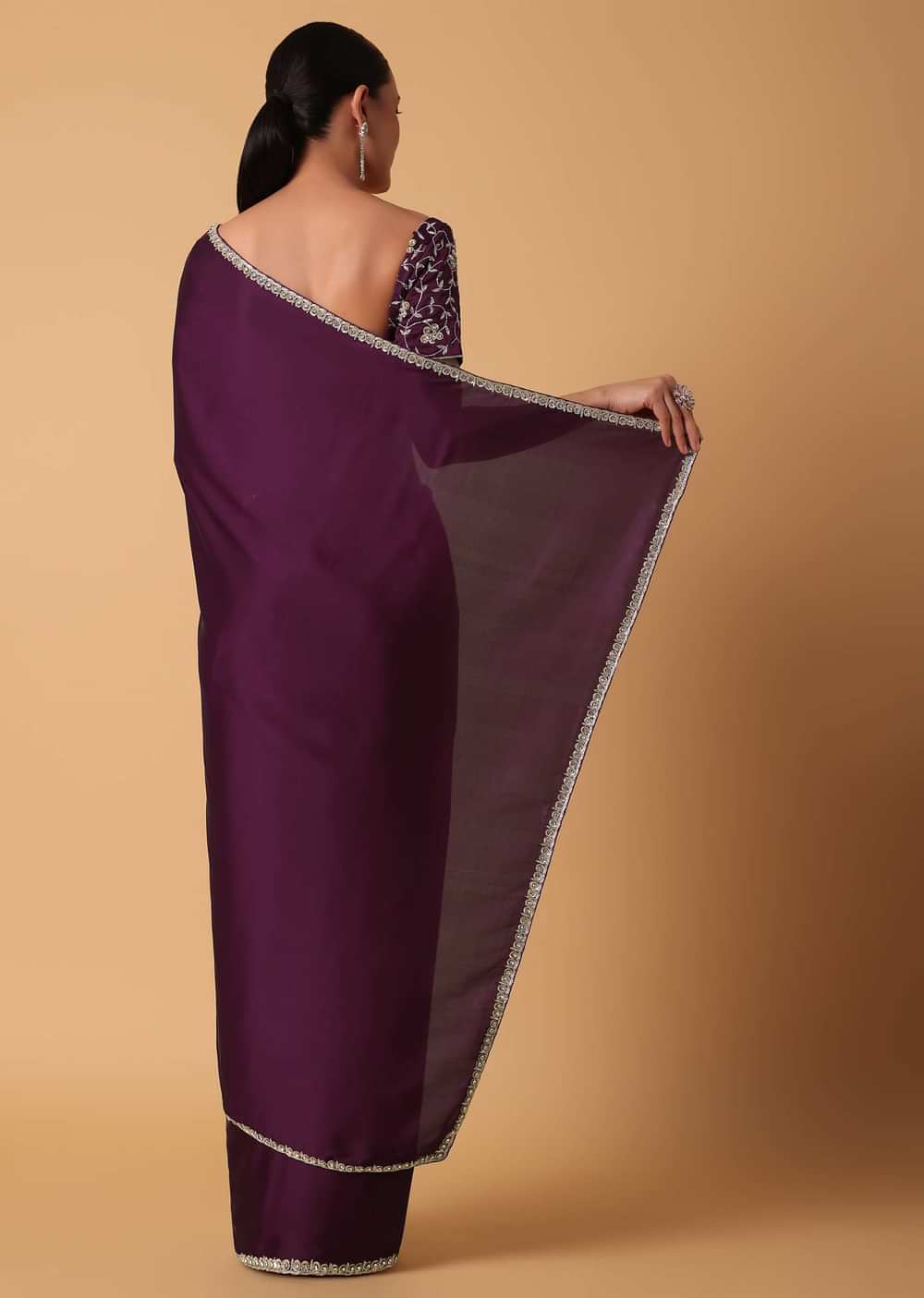 Wine Satin Saree With Sequin Detail And Unstitched Blouse Piece