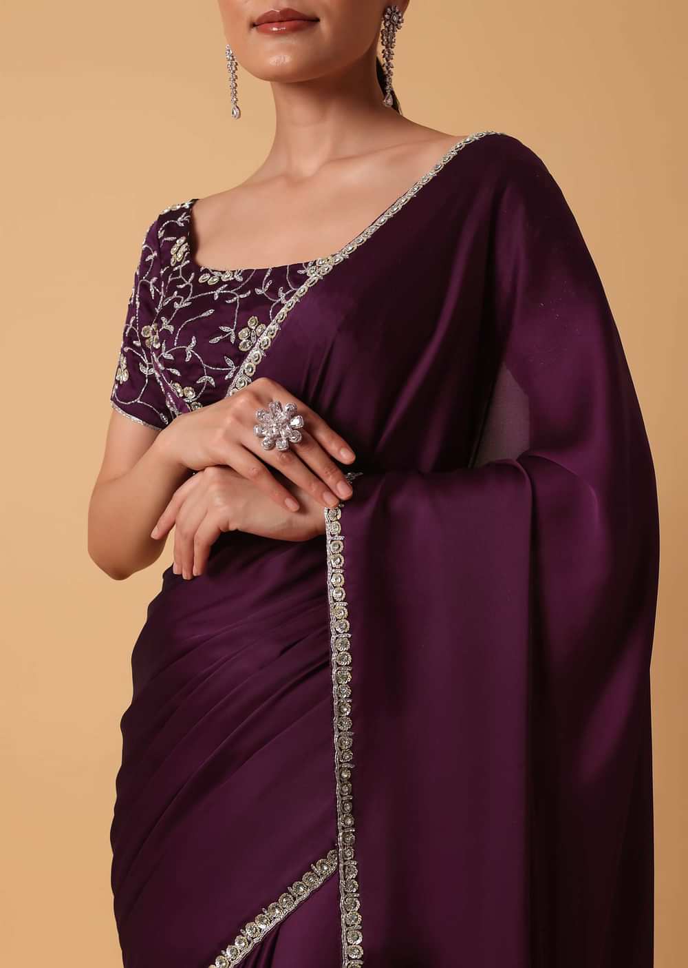 Wine Satin Saree With Sequin Detail And Unstitched Blouse Piece