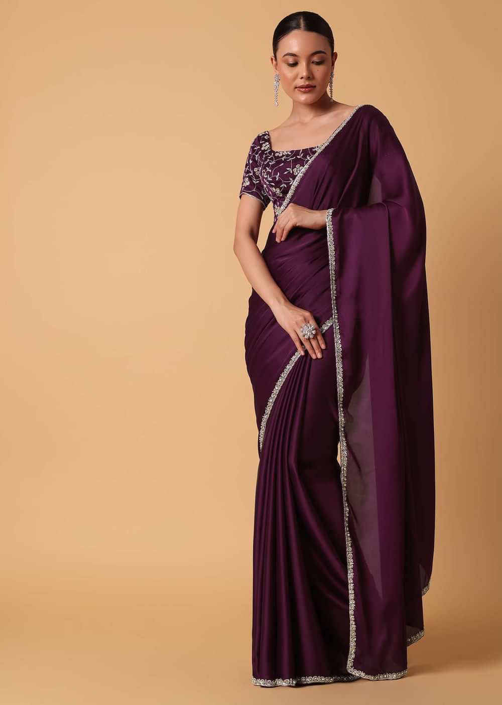 Wine Satin Saree With Sequin Detail And Unstitched Blouse Piece