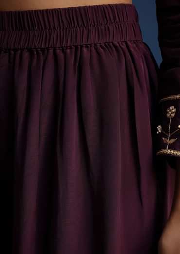 Wine Satin Zardozi Embroidered Anarkali And Palazzo Set