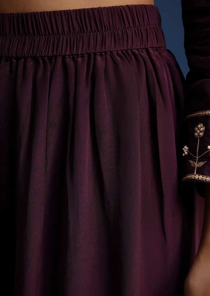 Wine Satin Zardozi Embroidered Anarkali And Palazzo Set