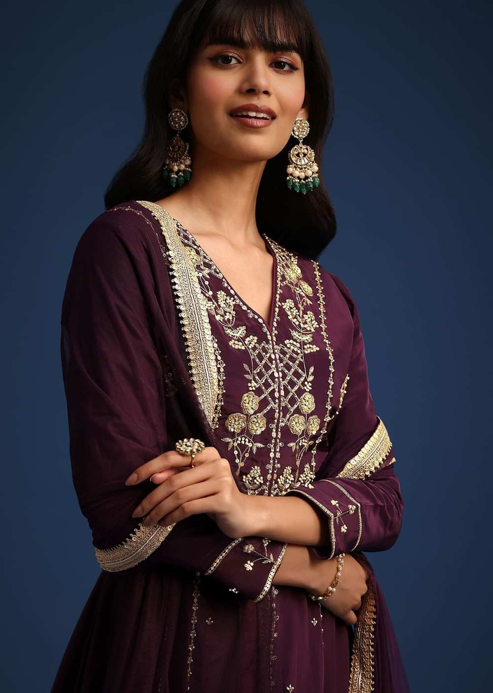 Wine Satin Zardozi Embroidered Anarkali And Palazzo Set