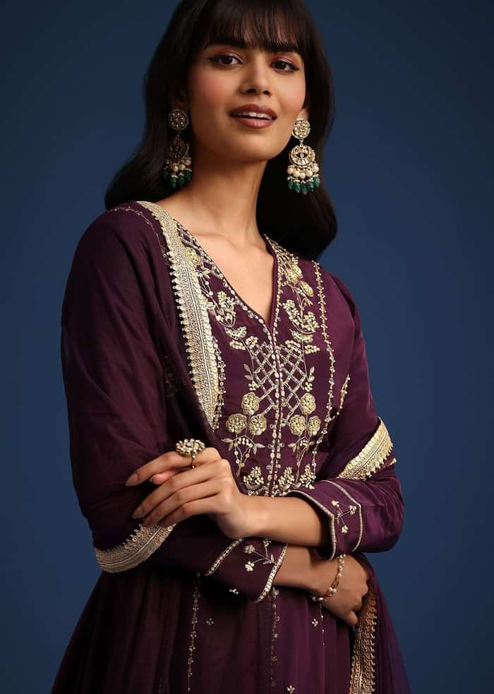 Wine Satin Zardozi Embroidered Anarkali And Palazzo Set