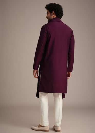 Wine Silk Blend Kurta Set With Thread Work Dupatta