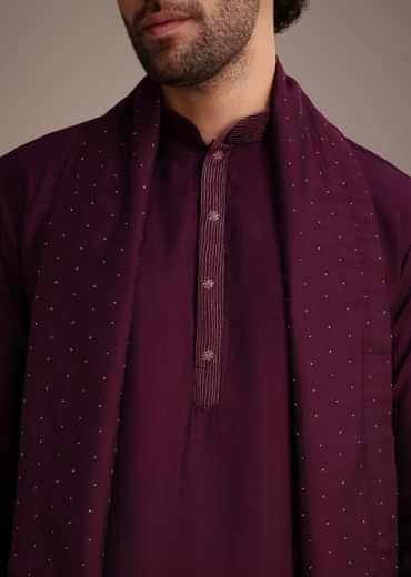 Wine Silk Blend Kurta Set With Thread Work Dupatta