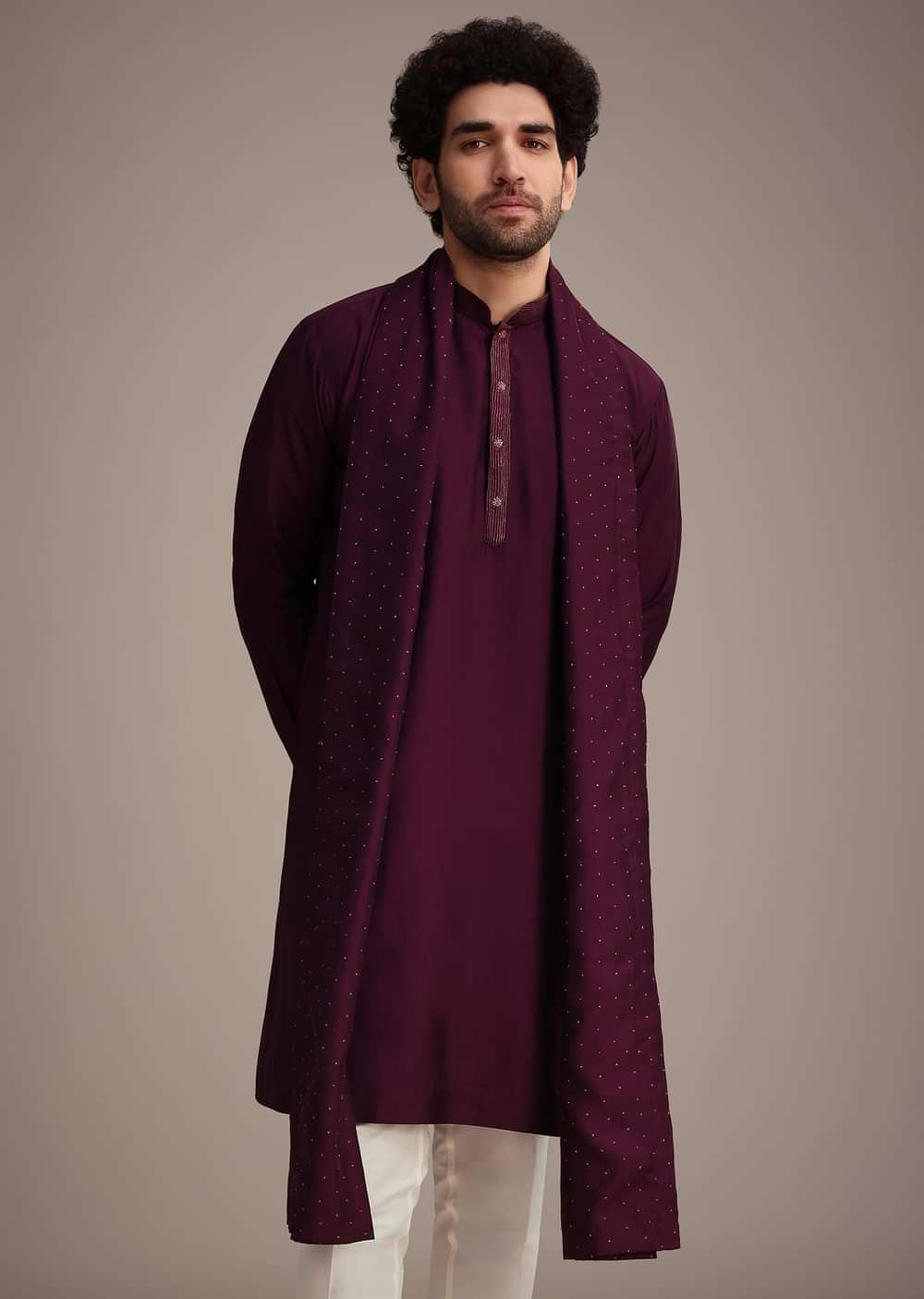 Wine Silk Blend Kurta Set With Thread Work Dupatta