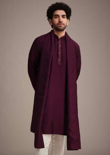 Wine Silk Blend Kurta Set With Thread Work Dupatta