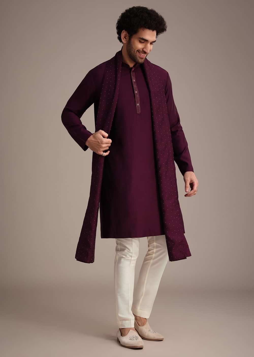 Wine Silk Blend Kurta Set With Thread Work Dupatta