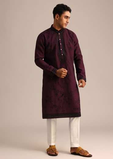 Wine Silk Hand Embroidered Kurta Set Wine Silk Hand Embroidered Kurta Set
